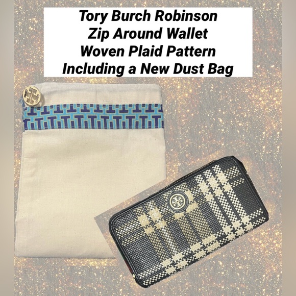 Tory Burch Zip Wallet & Dust Bag Zip Around Woven Coated Plaid 8 Card Slots - Picture 1 of 14
